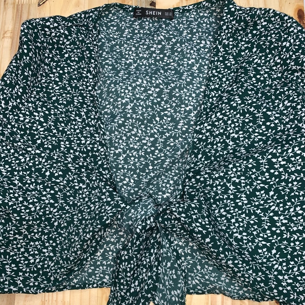 Shein Dark Green/Blue Tie Top With Flare Sleeves